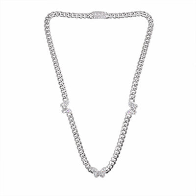 Sterling Silver Rhodium Plated Moissanite Multi Butterfly Cuban Link Necklace
