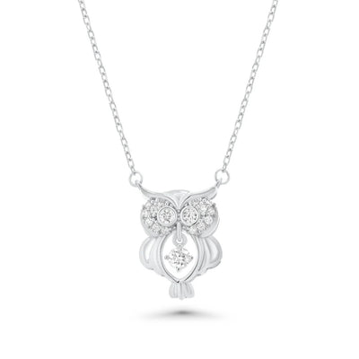 Sterling Silver Rhodium Plated Dancing Moissanite Owl Pendant Necklace