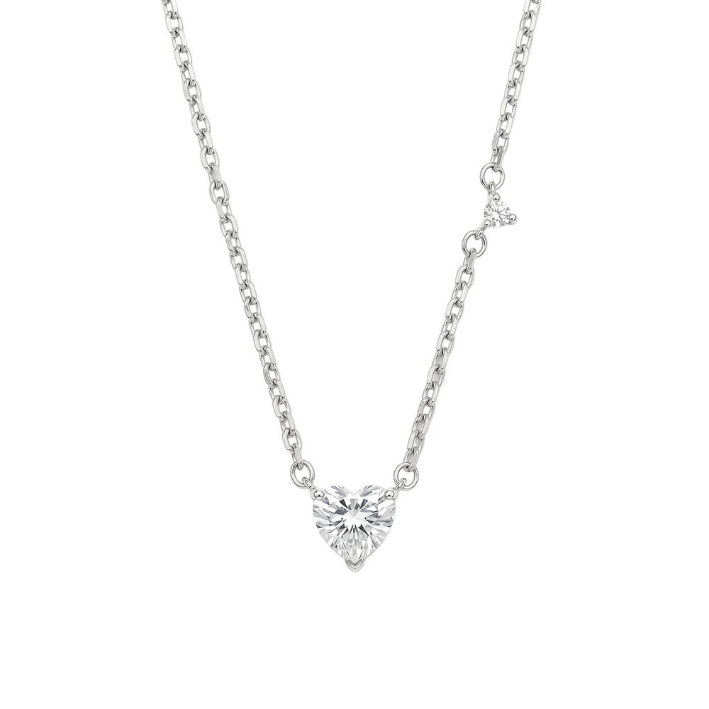 Sterling Silver Rhodium Plated Moissanite Heart With Side Stone Accent Necklace