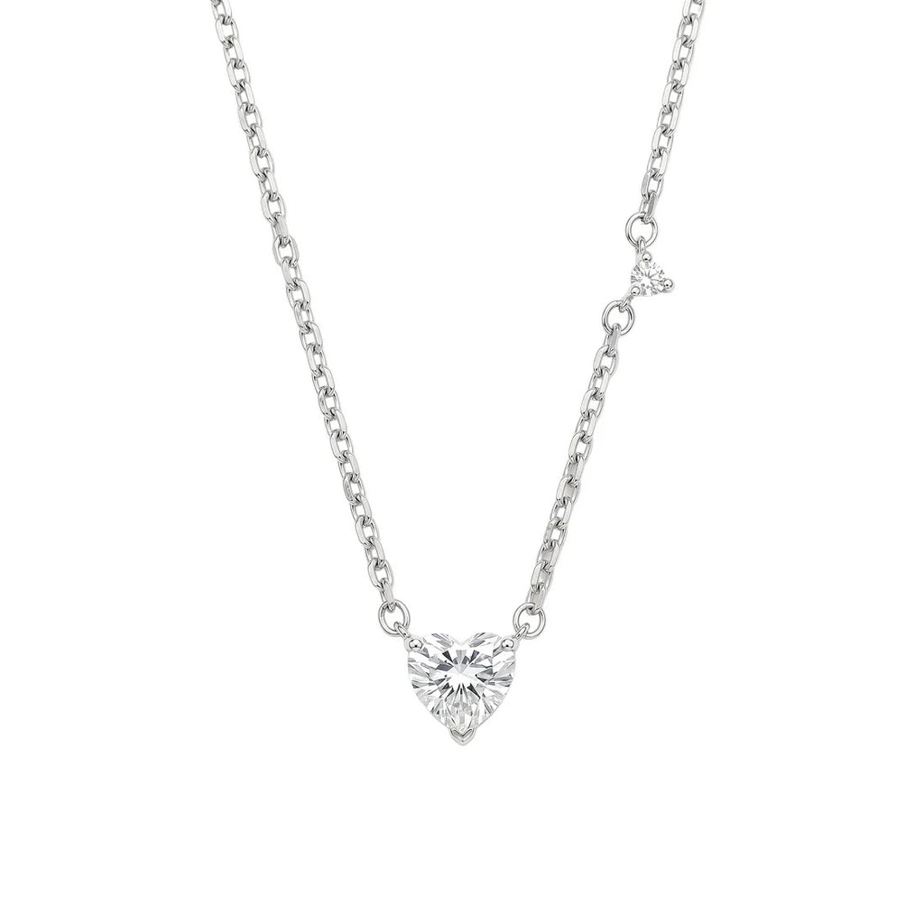 Sterling Silver Rhodium Plated Moissanite Heart With Side Stone Accent Necklace