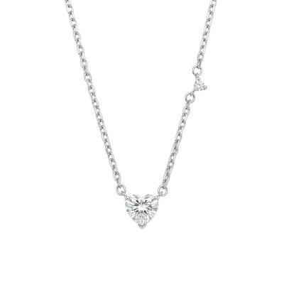 Sterling Silver Rhodium Plated Moissanite Heart With Side Stone Accent Necklace