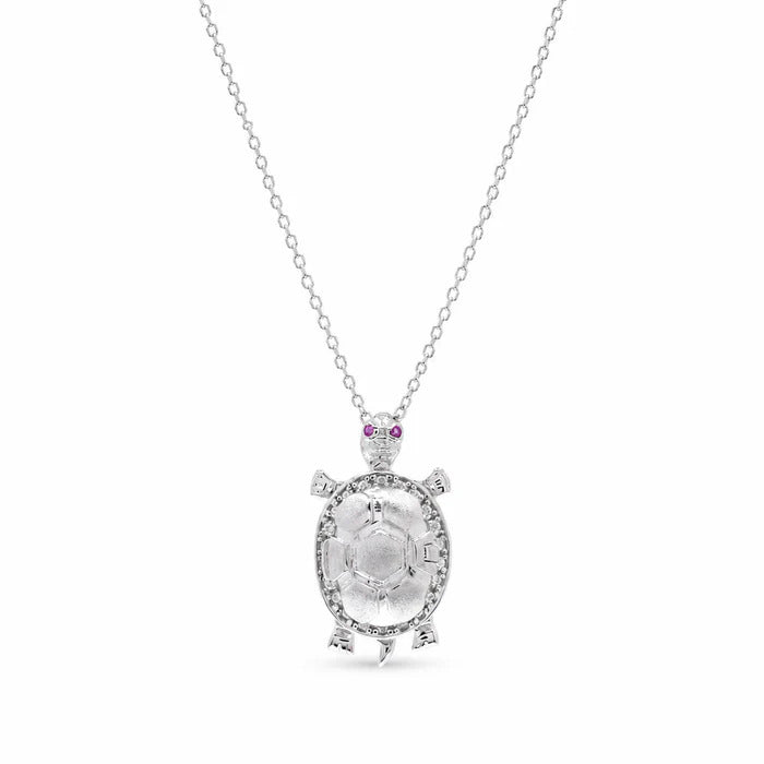 Sterling Silver Rhodium Plated Clear And Red Moissanite Turtle Pendant Necklace