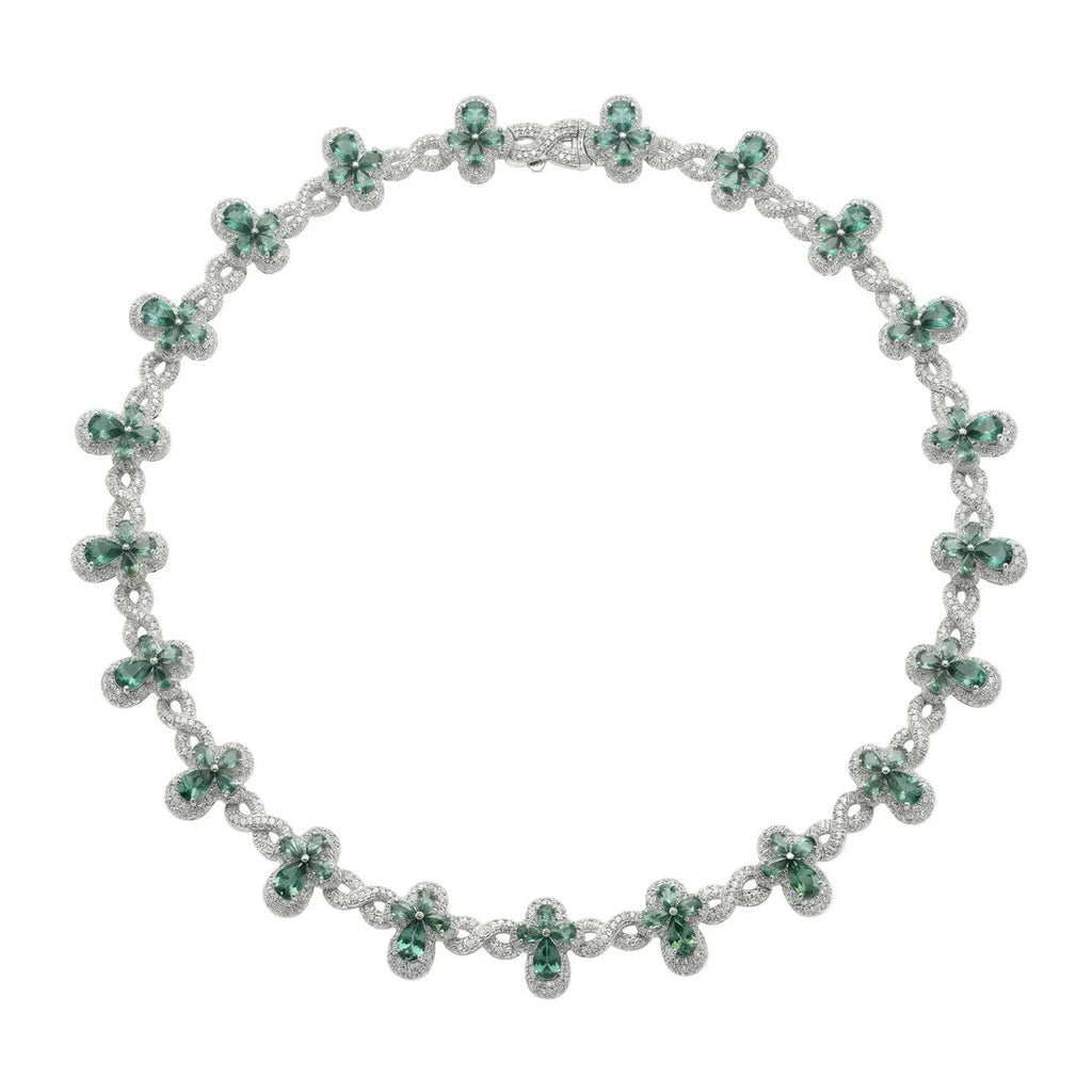 Sterling Silver Rhodium Plated Green Moissanite Infinity Cross Necklace