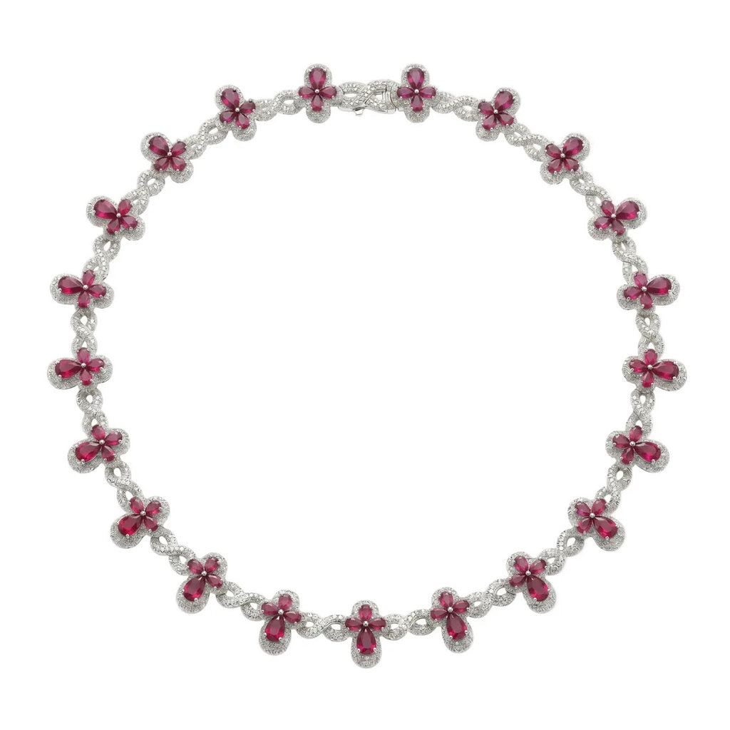 Sterling Silver Rhodium Plated Red Moissanite Infinity Cross Necklace