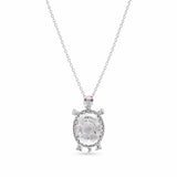 Sterling Silver Rhodium Plated Clear And Red Moissanite Turtle Pendant Necklace