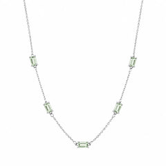 Sterling Silver Rhodium Plated Green Moissanite Dainty Baguette Charm Adjustable Necklace