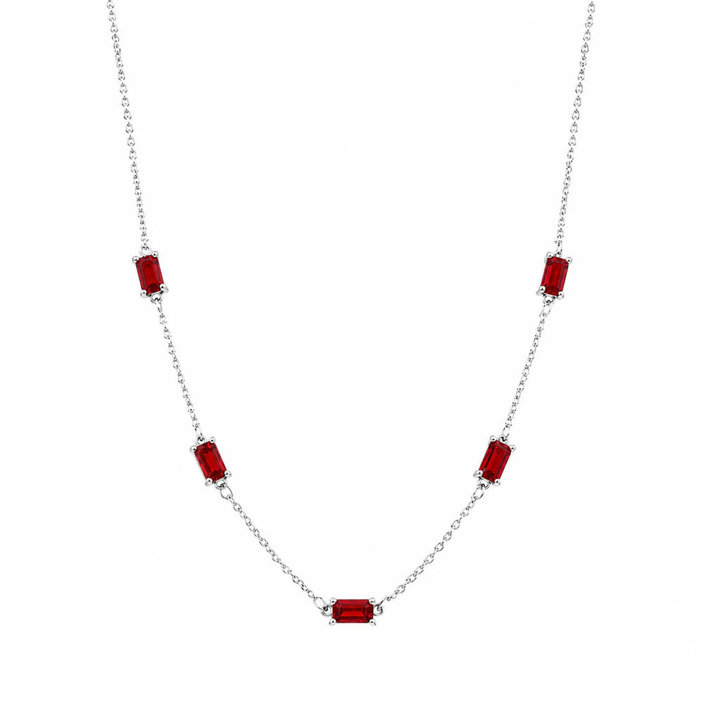 Sterling Silver Rhodium Plated Red Moissanite Dainty Baguette Charm Adjustable Necklace