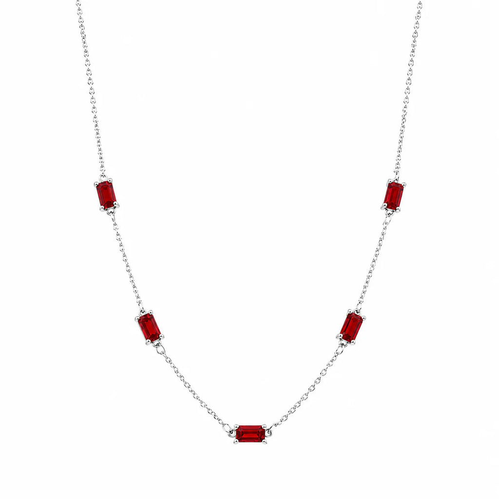 Sterling Silver Rhodium Plated Red Moissanite Dainty Baguette Charm Adjustable Necklace