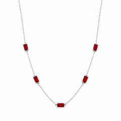 Sterling Silver Rhodium Plated Red Moissanite Dainty Baguette Charm Adjustable Necklace