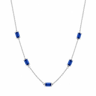 Sterling Silver Rhodium Plated Sapphire Moissanite Dainty Baguette Charm Adjustable Necklace