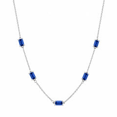 Sterling Silver Rhodium Plated Sapphire Moissanite Dainty Baguette Charm Adjustable Necklace