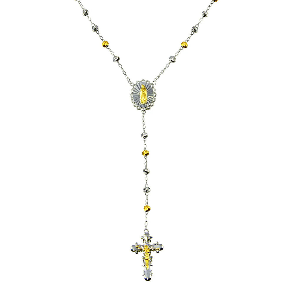 Sterling Silver Two Tone Plated Moissanite Diamond Cut Beaded  Rosary Necklace