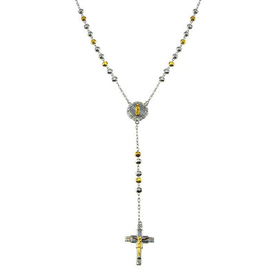 Sterling Silver Two Tone Plated Moissanite Diamond Cut Beaded Cross Rosary Necklace