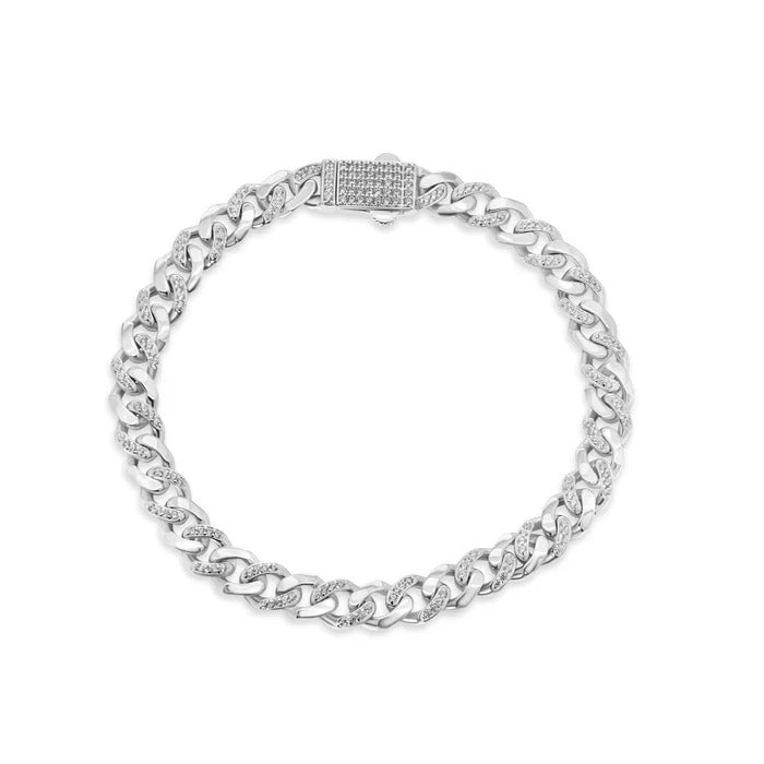 Sterling Silver Rhodium Plated Moissanite Miami Cuban Half Link Studded Clear CZ Bracelet Or Necklace