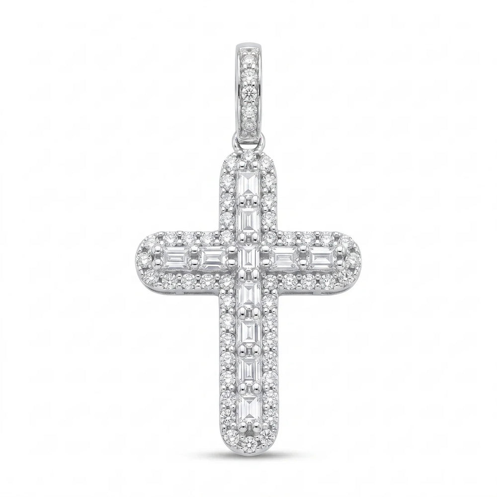 Sterling Silver Rhodium Plated Moissanite Multi Color Bagguette Pave Cross Pendant