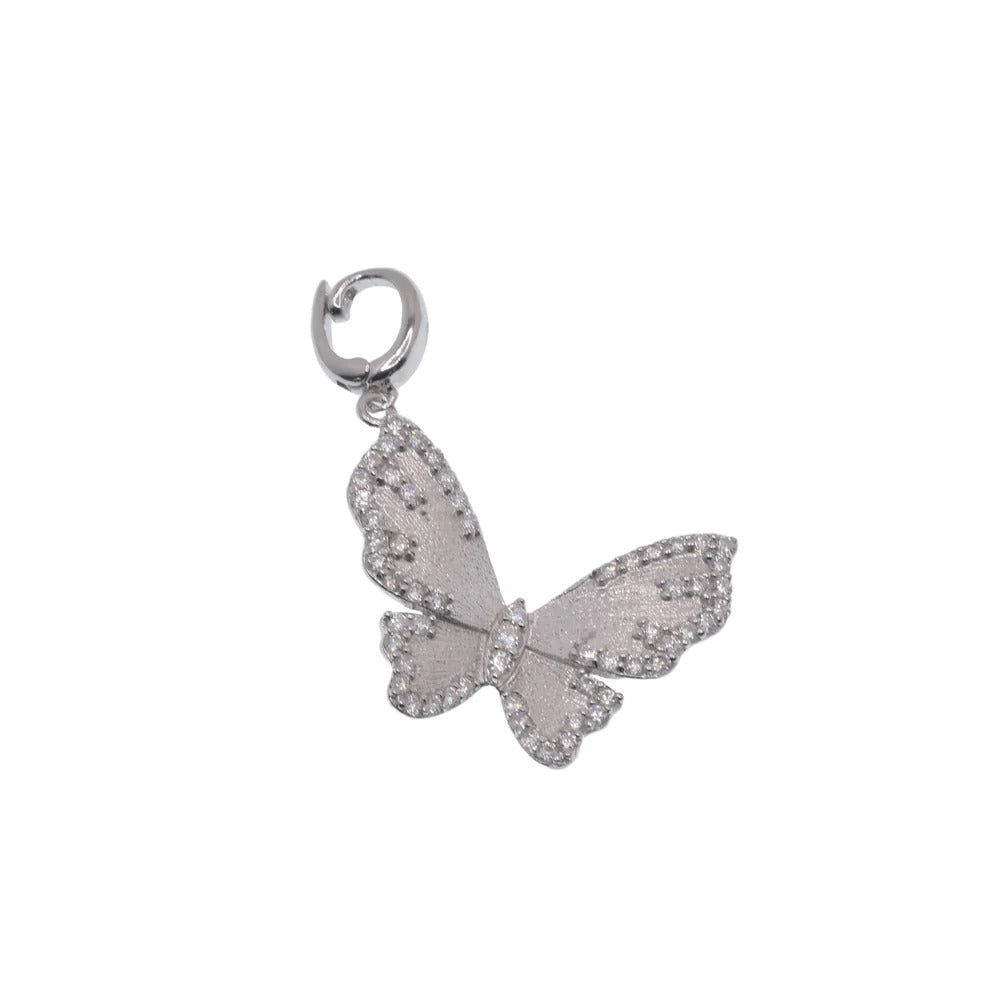 Sterling Silver Rhodium Plated Moissanite Brushed Textured Butterfly Pendant
