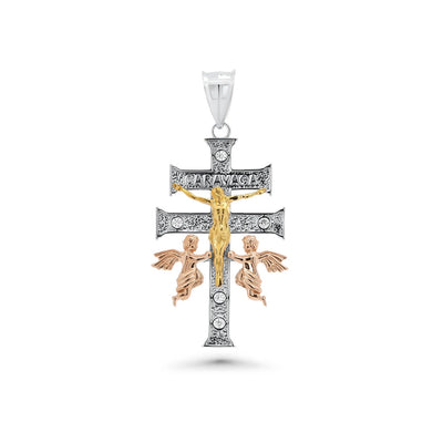 Sterling Silver Three Tone Plated Moissanite Medium Crucifix Cherubs Caravaca Pendant