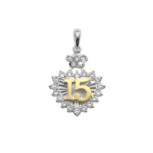 Load image into Gallery viewer, Sterling Silver Two Tone Plated Moissanite Quinceanera Floral Halo Heart Pendant