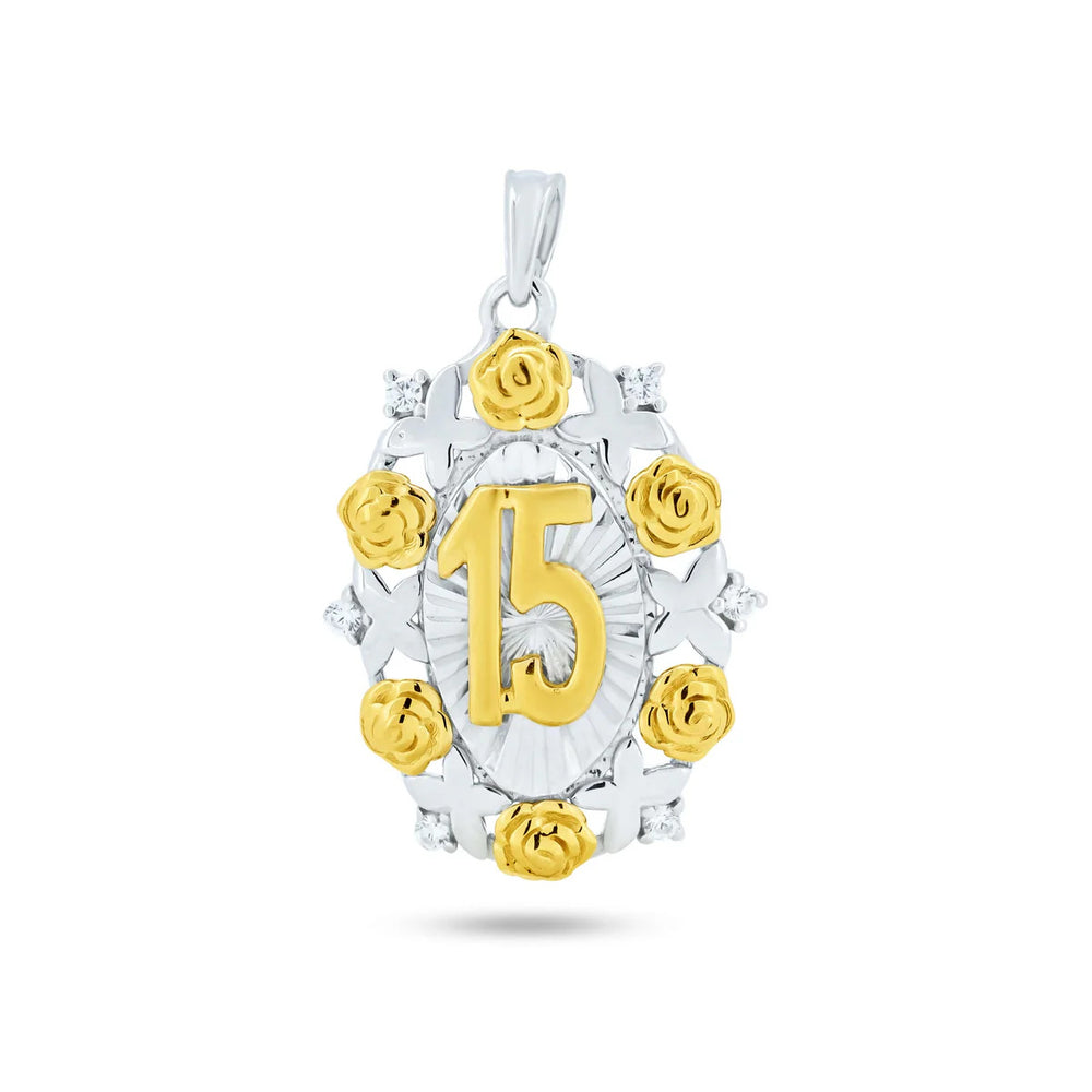 Sterling Silver Two Tone Plated Moissanite Oval Disc Quinceanera Pendant