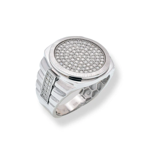 Sterling Silver Rhodium Plated Men's Moissanite Stone Diamond Cut Round Bezel Statement Ring