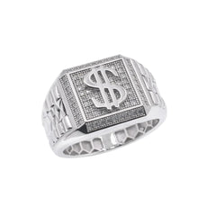 Load image into Gallery viewer, Sterling Silver Rhodium Plated Moissanite Men's Iced Dollar Sign Statement Ring