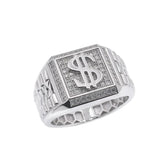 Sterling Silver Rhodium Plated Moissanite Men's Iced Dollar Sign Statement Ring