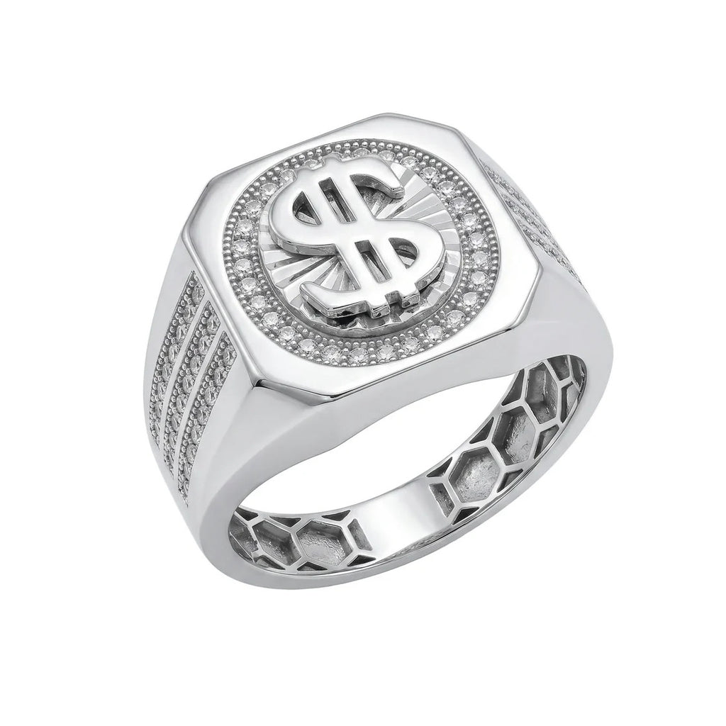 Sterling Silver Rhodium Plated Moissanite Men's Dollar Sign Pave Halo Ring