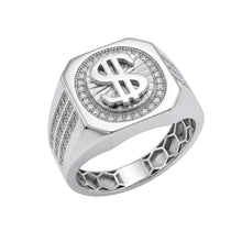 Load image into Gallery viewer, Sterling Silver Rhodium Plated Moissanite Men's Dollar Sign Pave Halo Ring