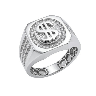 Sterling Silver Rhodium Plated Moissanite Men's Dollar Sign Pave Halo Ring