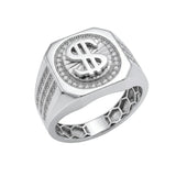 Sterling Silver Rhodium Plated Moissanite Men's Dollar Sign Pave Halo Ring