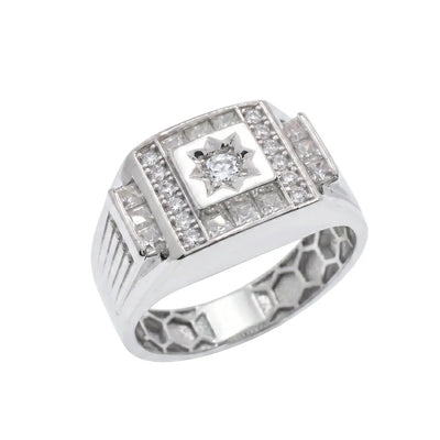 Sterling Silver Rhodium Plated Moissanite Men's Statement Radiant Signet Ring