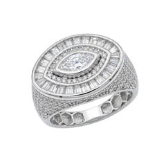 Sterling Silver Rhodium Plated Moissanite Men's Oval Marquise Halo Ring