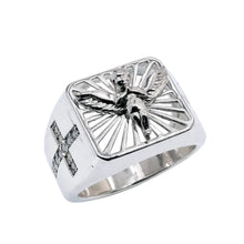 Load image into Gallery viewer, Sterling Silver Rhodium Plated Men's Moissanite Angel Radiant Signet Cross Accent Ring