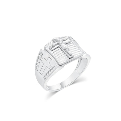 Sterling Silver Rhodium Plated Men's Moissanite Iced Cross Accents With Detailed Jesus Center Ring