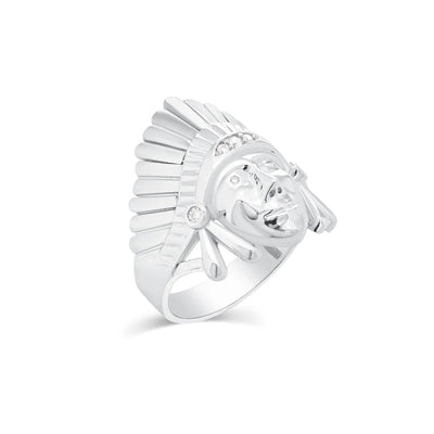 Sterling Silver Rhodium Plated Men's Moissanite Native Chief Head Ring