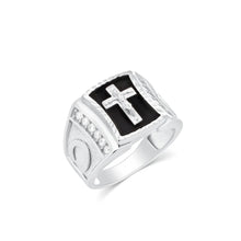 Load image into Gallery viewer, Sterling Silver Rhodium Plated Men's Moissanite Onyx Cross Iced Side Accents Ring