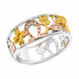 Sterling Silver Three Tone Plated Moissanite Lucky Charm Band Ring