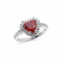 Load image into Gallery viewer, Sterling Silver Rhodium Plated Moissanite Ruby Red Heart Pave Ring