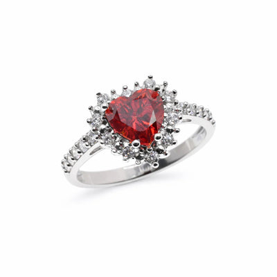 Sterling Silver Rhodium Plated Moissanite Ruby Red Heart Pave Ring