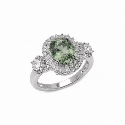 Sterling Silver Rhodium Plated Green Moissanite Cushion Cut Halo 3 Stone Statement Ring