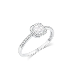 Sterling Silver Rhodium Plated Moissanite Halo Setting Pave Ring