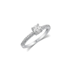 Sterling Silver Rhodium Plated Moissanite Solitaire Pave Ring