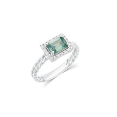 Sterling Silver Rhodium Plated Moissanite Emerald Halo Setting Braided Ring