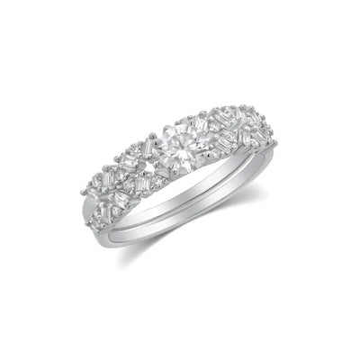 Sterling Silver Rhodium Plated Moissanite Round Solitaire Center Double Band Ring