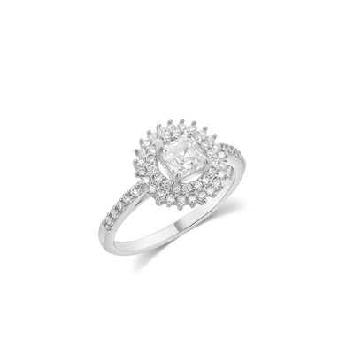Sterling Silver Rhodium Plated Moissanite Square Halo Double Pave Ring