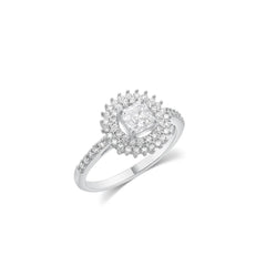 Sterling Silver Rhodium Plated Moissanite Square Halo Double Pave Ring