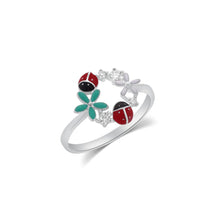Load image into Gallery viewer, Sterling Silver Rhodium Plated Moissanite Enamel Lady Bug And Flower Ring