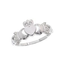 Load image into Gallery viewer, Sterling Silver Rhodium Plated Moissanite Claddagh With Baguette Cut Stone Accents Ring