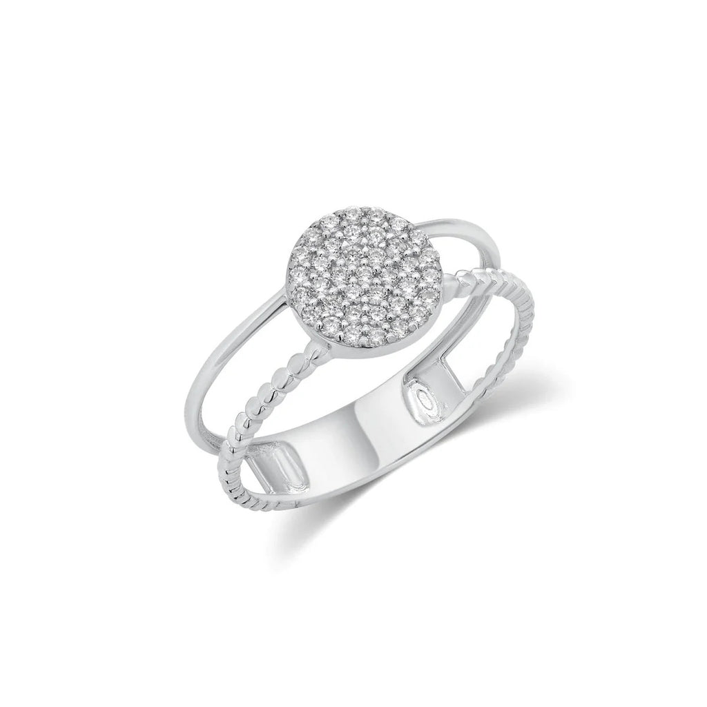 Sterling Silver Rhodium Plated Moissanite Round Cluster Top Split Band Ring