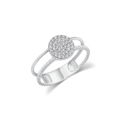 Sterling Silver Rhodium Plated Moissanite Round Cluster Top Split Band Ring